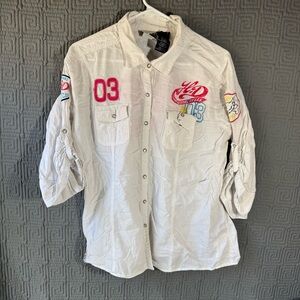 Harley Davidson Pearl Snap Women’s 2w Rollup Sleeve White Patches Cotton Blend